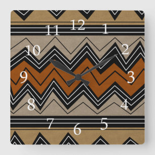 African Zigzags and White Numbers Square Wall Clock
