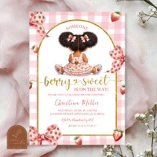 Afro African Girl Pink Bow strawberry berry sweet  Invitation