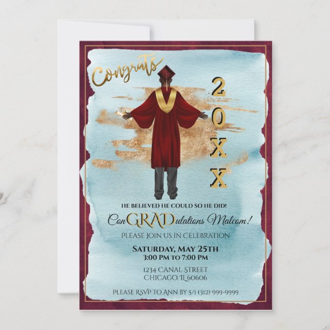 Afro-Américain Male Grad Invitation (Peau Noire) (Devant)