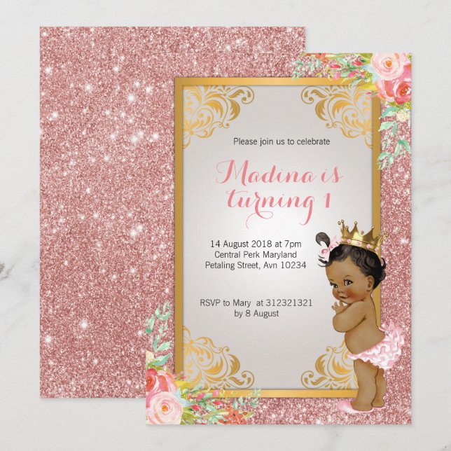 Afro-Américain rose 1er anniversaire invitations (Devant / Derrière)