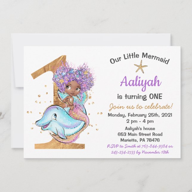 Afro-Américaine Sirène 1er anniversaire Invitation (Devant)