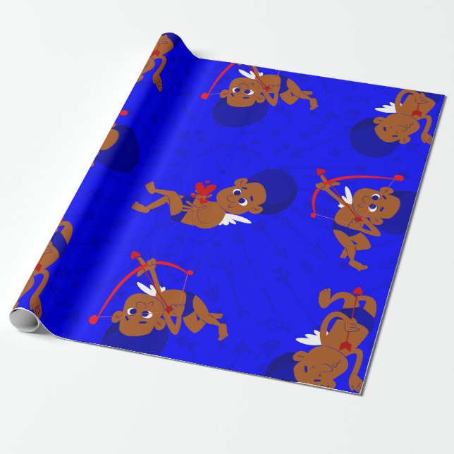 afro angel black cupid african cherub blue heart wrapping paper (Unrolled)
