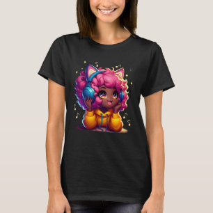 Afro Anime Girl Pink Hair Cat Ear Headphones Enjoy T-Shirt