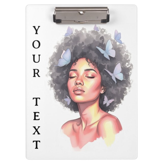 Afro Beauty with Butterflies – Watercolor Portrait Clipboard (Front)