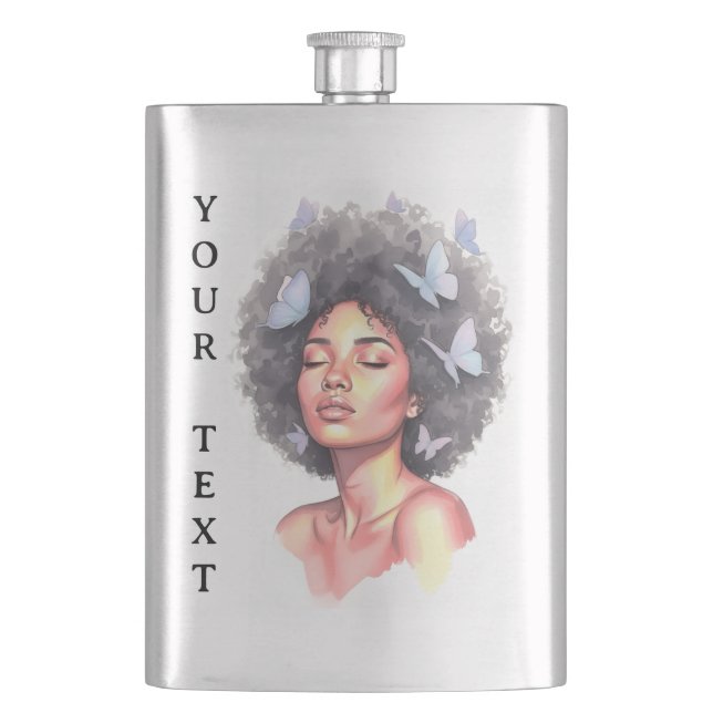 Afro Beauty with Butterflies – Watercolor Portrait Hip Flask (Front)