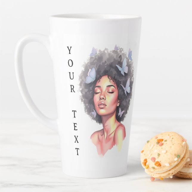 Afro Beauty with Butterflies – Watercolor Portrait Latte Mug (In Situ)
