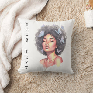 Afro Beauty with Butterflies – Watercolor Portrait Throw Pillow