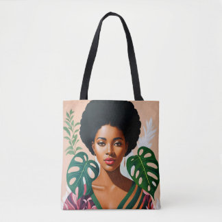 Afro Black Woman Monstera Deliciosa Botanical Tote Bag