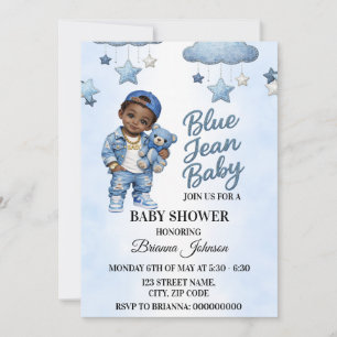 Afro Boy Denim Blue Jean Baby Shower Invitation