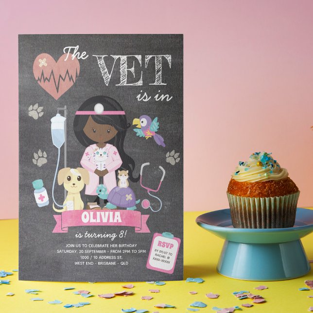 Afro Chalkboard Girl Vet Birthday Party Invitation (This girl’s vet birthday invitation is just the right medicine to give your little one celebration!)