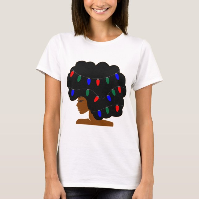 Afro Christmas Lights Natural Hair T-Shirt (Front)