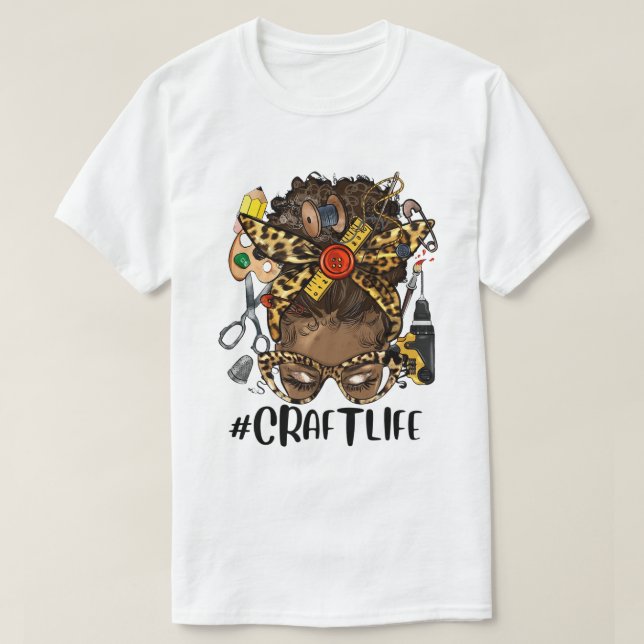 Afro Craft Life Black Woman Messy Hair Bun Leopard T-Shirt (Design Front)