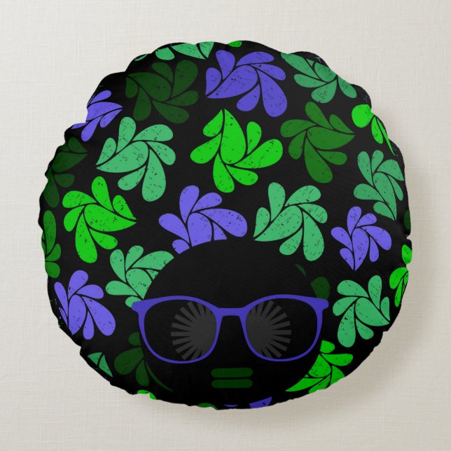 Afro Diva Green & Blue Round Pillow (Front)