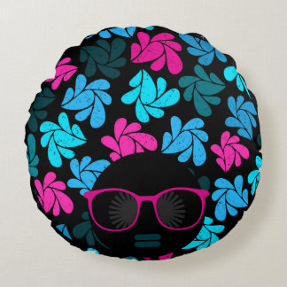 Afro Diva Turquoise & Hot Pink Round Pillow