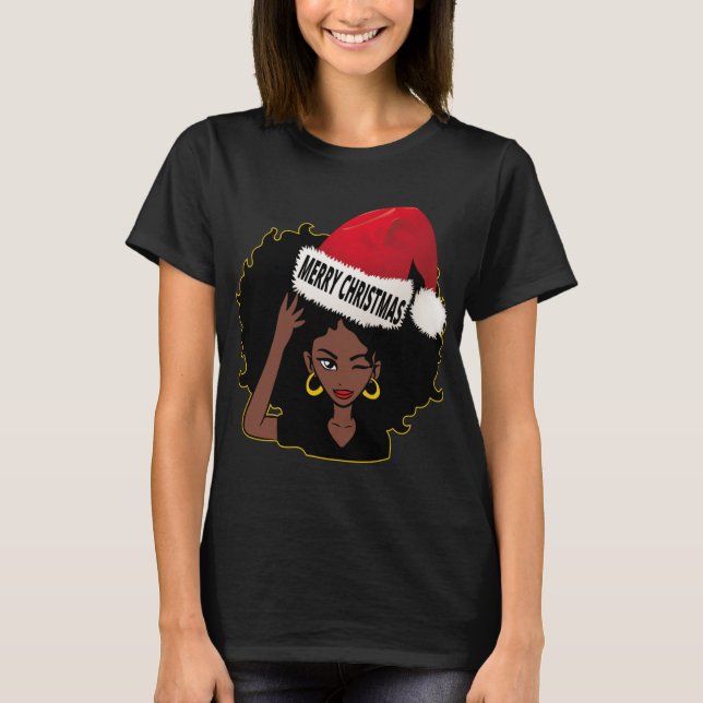 Afro Diva Winking Eye Merry Christmas Melanin Quee T-Shirt (Front)