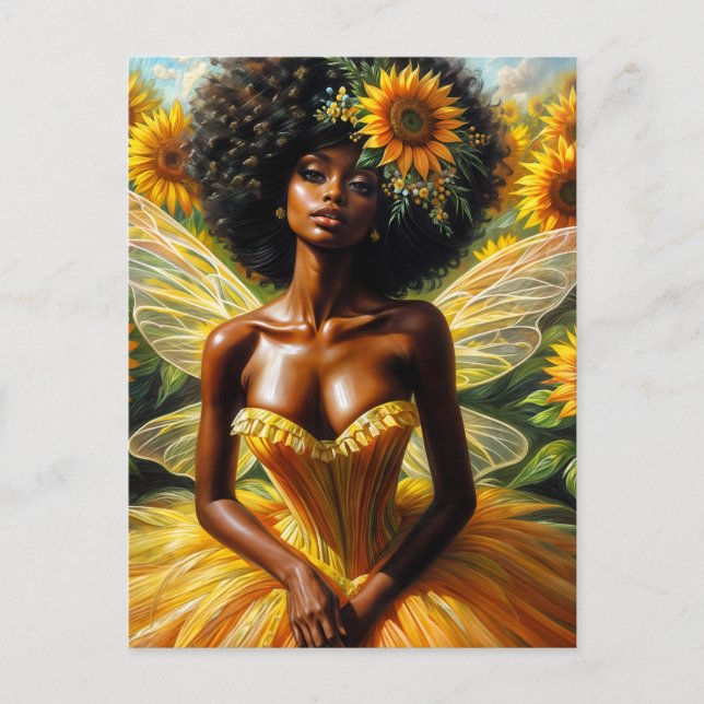 Afro Fairy Girl With Dark Skin and Sunflowers Postcard (Front)