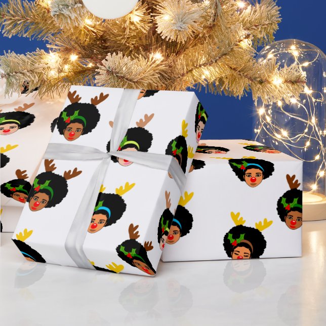 Afro Girls Santa Reindeer Christmas Red Nose Wrapping Paper (Holidays)