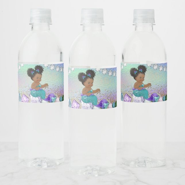Afro Hair Jewel Mermaid Baby Shower Water Bottle Label (Bottles)