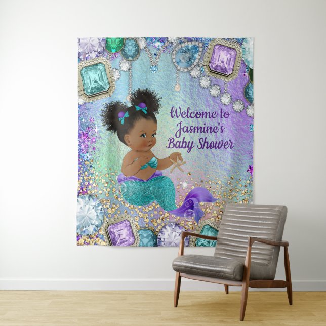 Afro Mermaid Baby Shower Backdrop Banner Tapestry (In Situ)