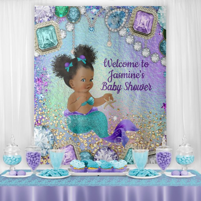 Afro Mermaid Baby Shower Backdrop Tapestry (Add your own text, font style, font color for your event.)