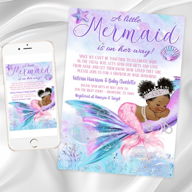 Afro Mermaid Long Distance Baby Shower by Mail Invitation (Long Distance Baby Shower by Mail Invitation. Instant download and printed invitations available.)