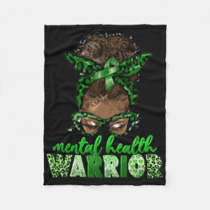 Afro Messy Bun Leopard Green Ribbon Mental Health Fleece Blanket