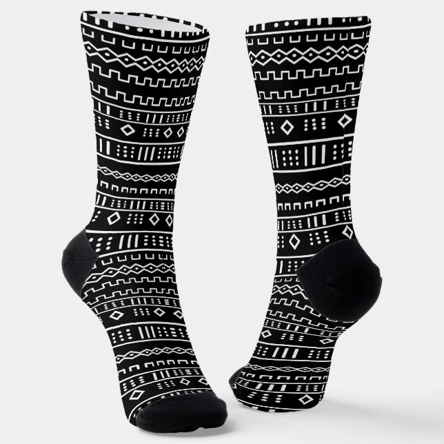 Afro Pop Black And White Modern Mudcloth Socks (Angled)