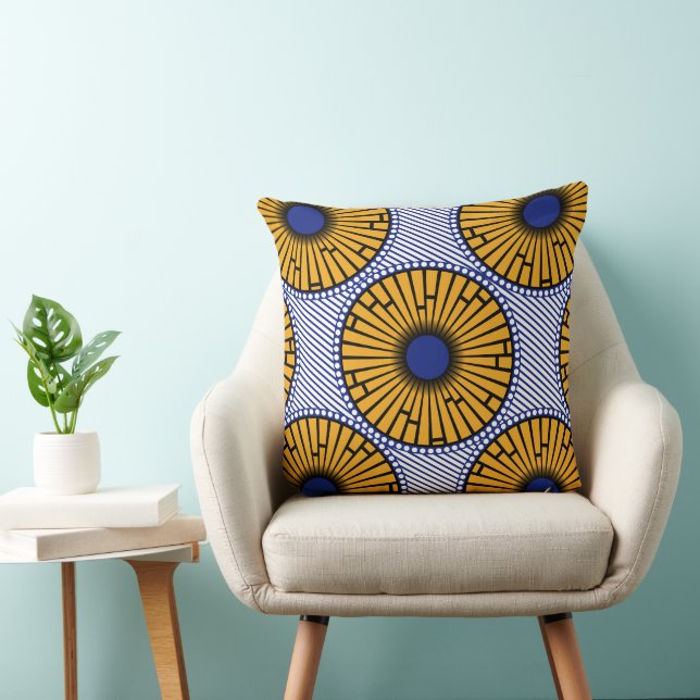 Afro Pop Blue and Gold Ankara Print Throw Pillow (Chair)