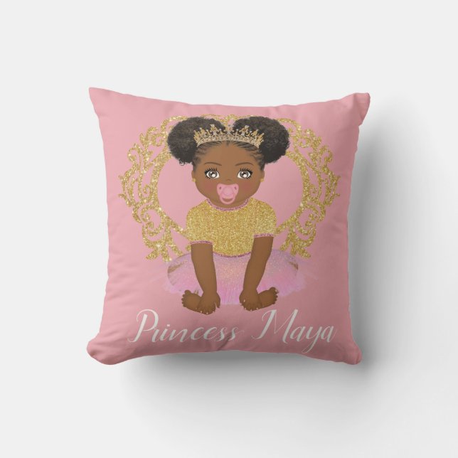 Afro Princess girl with tutu and gold crown Throw Pillow (Front)