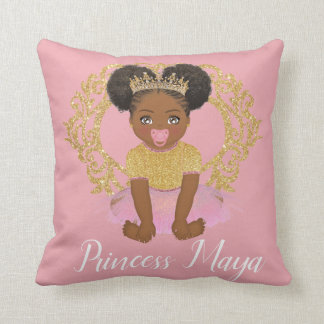 Afro Princess girl with tutu and gold crown Throw Pillow