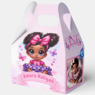 Afro Puff Baby Girl Butterfly Photo 1st Birthday Favor Box