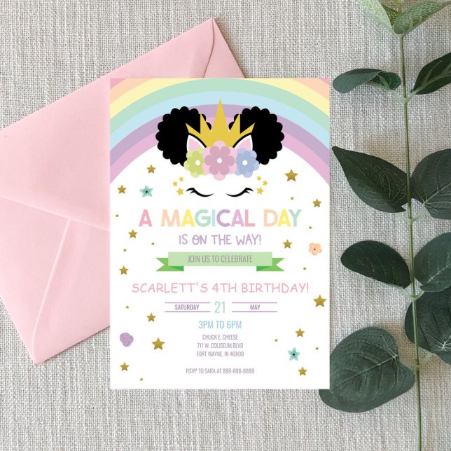 Afro Puff Unicorn and Rainbows Birthday Invitation (Creator Uploaded)