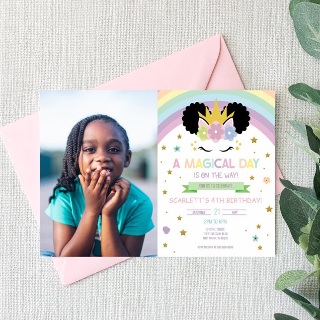 Afro Puff Unicorn and Rainbows Birthday Party Invitation (Creator Uploaded)
