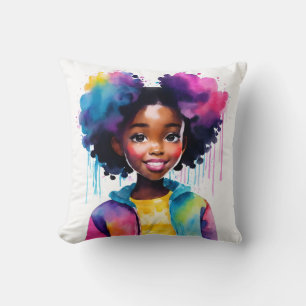 Afro Puffs Black Girl Rainbow Hair Throw Pillow