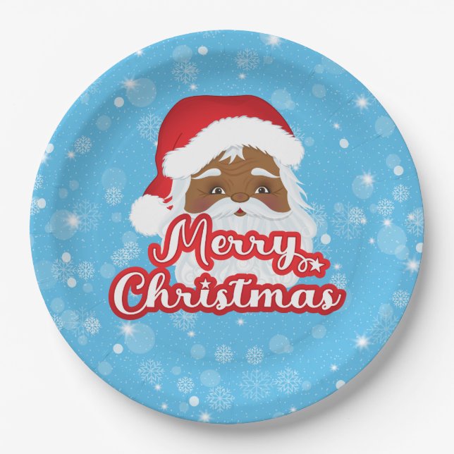 Afro Santa Claus Merry Christmas Paper Plate (Front)