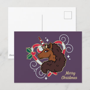 Afro Unicorn Candy Cane Heart Holiday Postcard