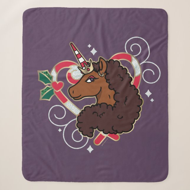 Afro Unicorn Candy Cane Heart Holiday Sherpa Blanket (Front)