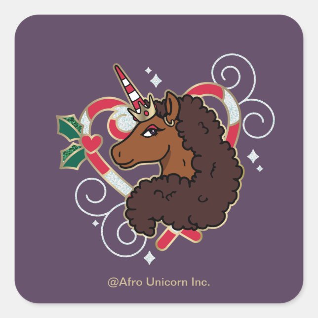 Afro Unicorn Candy Cane Heart Holiday Square Sticker (Front)