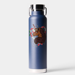 Afro Unicorn Candy Cane Heart Holiday Water Bottle