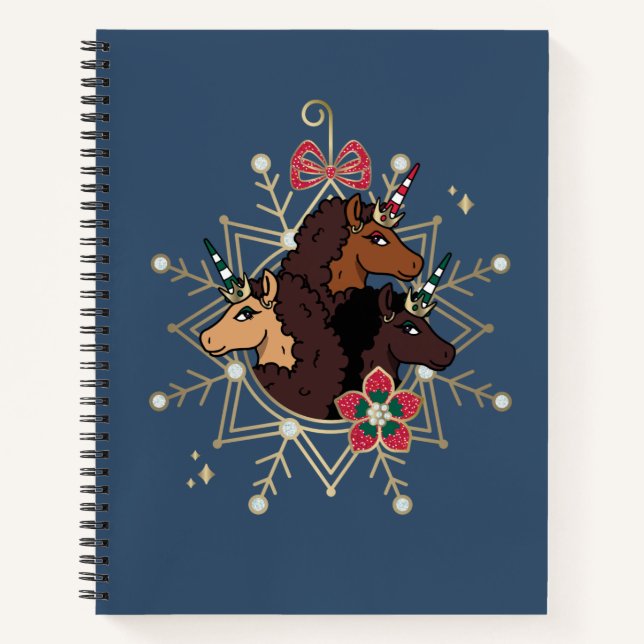 Afro Unicorn Festive Holiday Magical Notebook (Front)