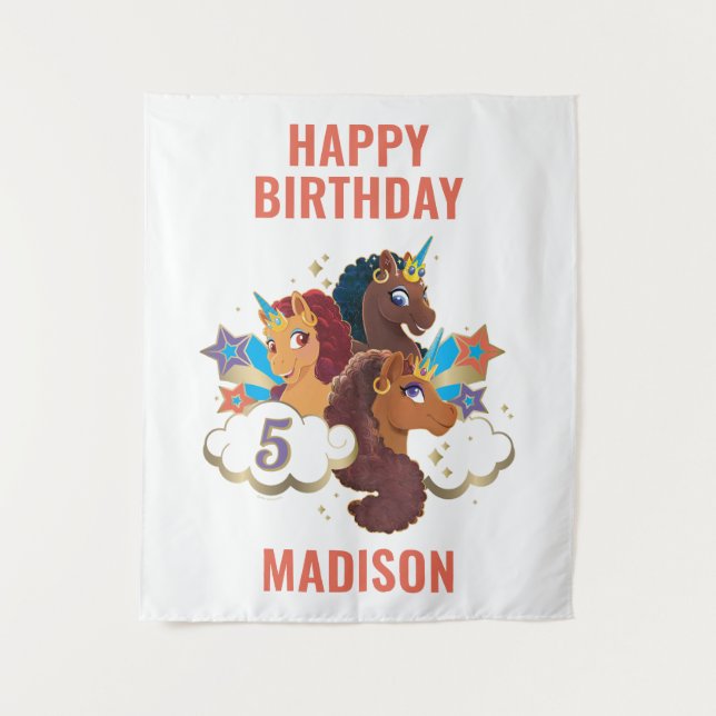 Afro Unicorn Girls Magical Birthday Tapestry (Front)