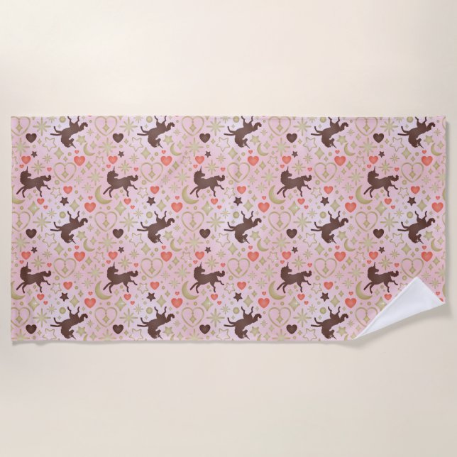 Afro Unicorn Heart & Star Pink  Pattern Beach Towel (Front)