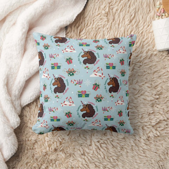 Afro Unicorn Holiday Pattern Throw Pillow (Blanket)