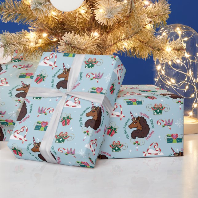 Afro Unicorn Holiday Pattern Wrapping Paper (Holidays)