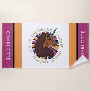 Afro Unicorn Living the Dream Design Beach Towel