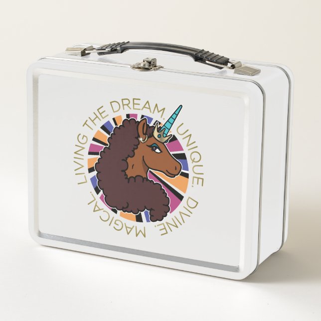 Afro Unicorn Living the Dream Design Metal Lunch Box (Front)