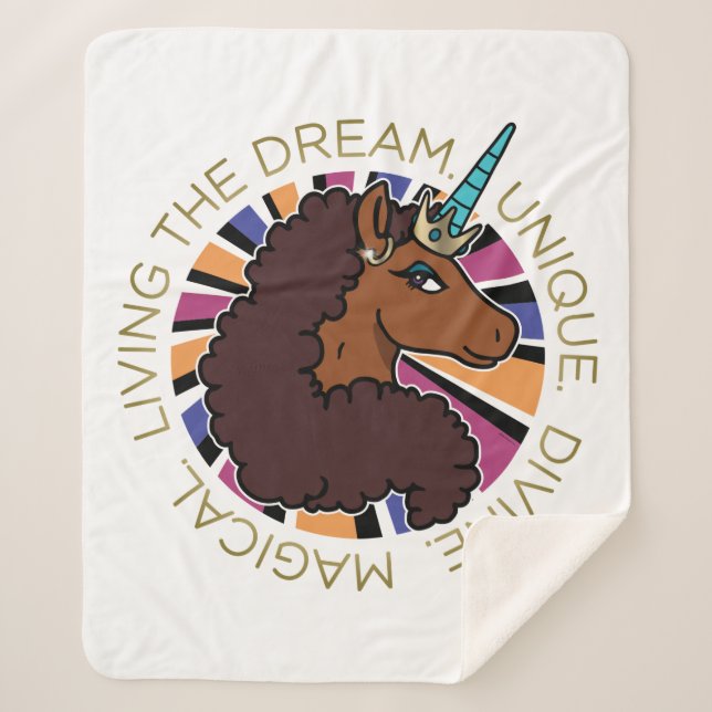 Afro Unicorn Living the Dream Design Sherpa Blanket (Front)