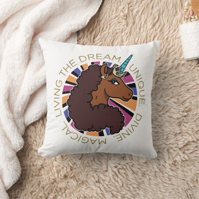 Afro Unicorn Living the Dream Design Throw Pillow (Blanket)
