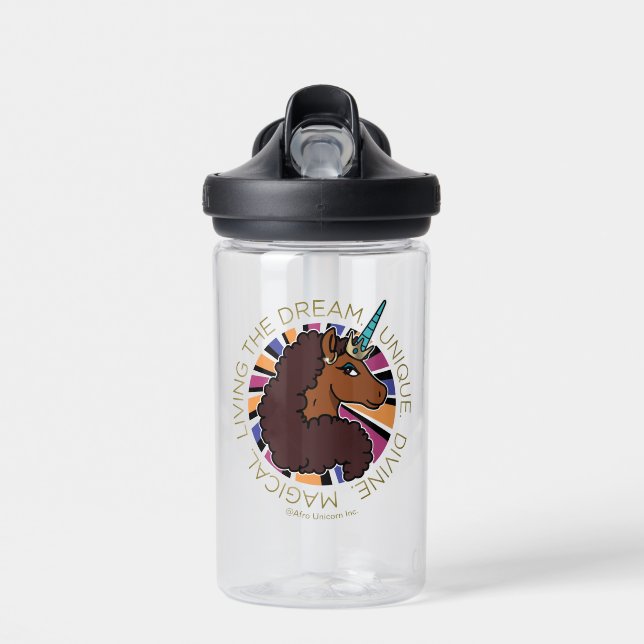 Afro Unicorn Living the Dream Design Water Bottle (Front)