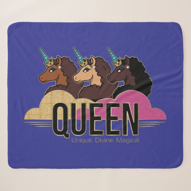 Afro Unicorn Queen Trio Design Sherpa Blanket (Front (Horizontal))
